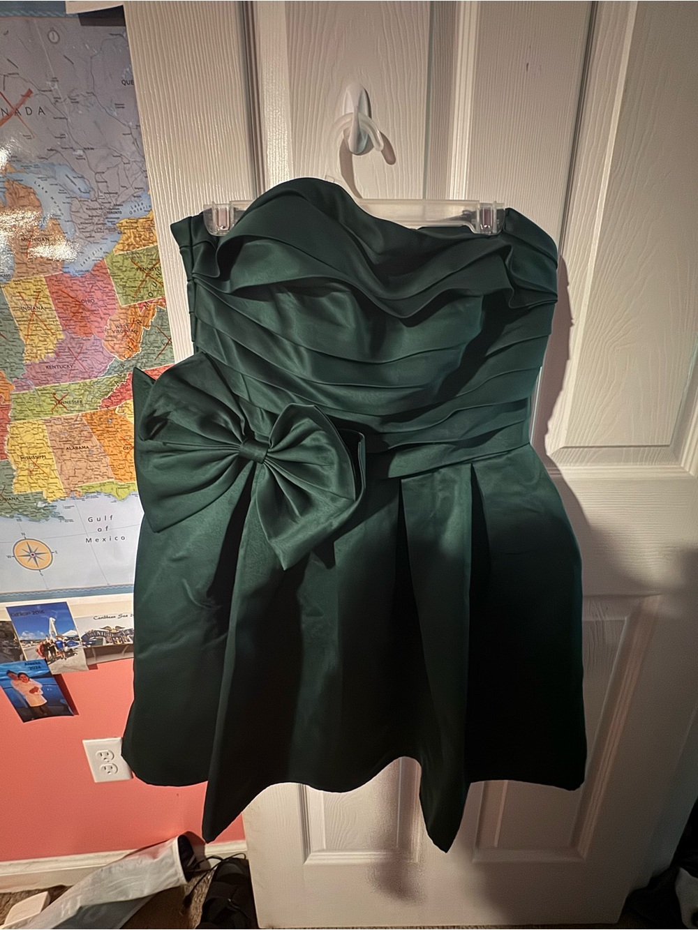 Camille La Vie Emerald Green Strapless Satin Dress with Side Bow